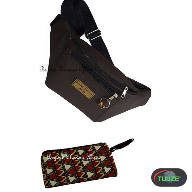 Brown Leather waist bag with ankara pouch