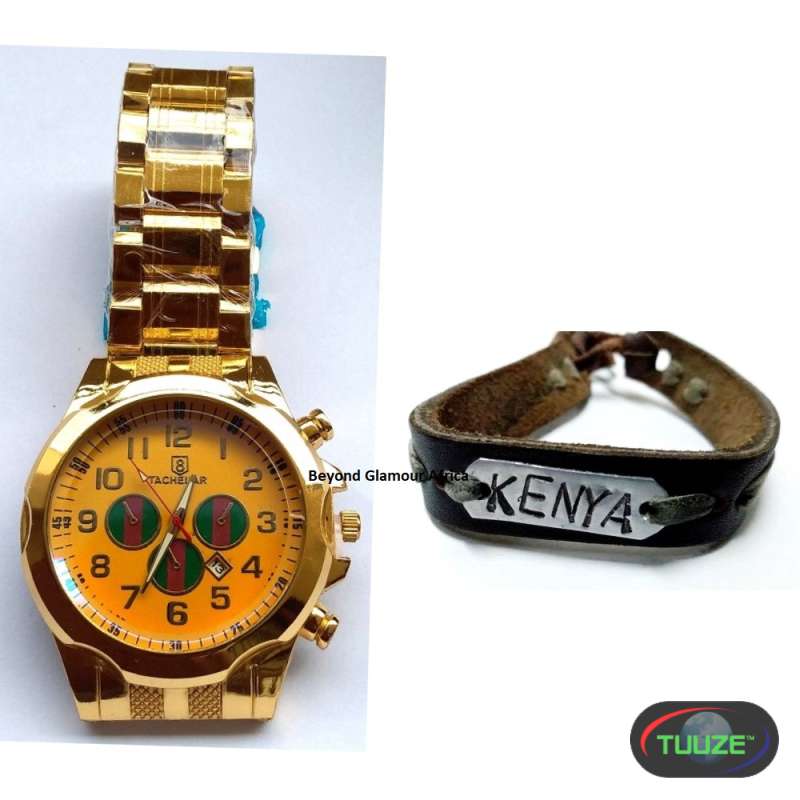 Gold Tone watch and black leather bracelet