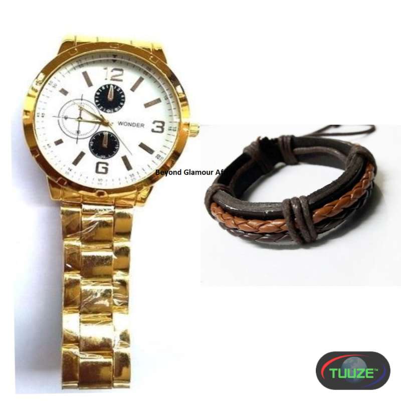 Golden Watch and brown leather bracelet