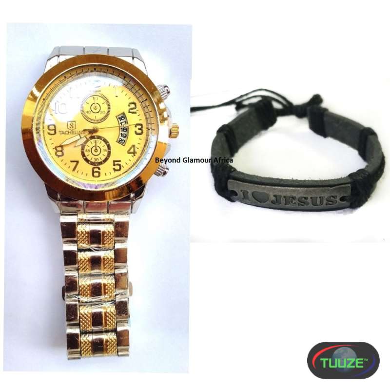 Golden Watch and leather bracelet