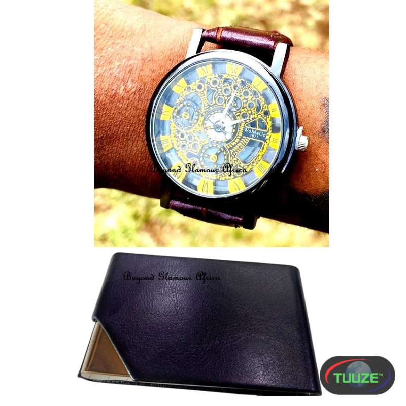 Leather skeleton watch with cardholder