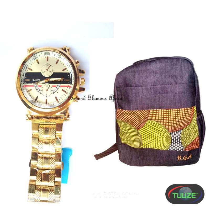 Men and womens denim ankara backpack with watch