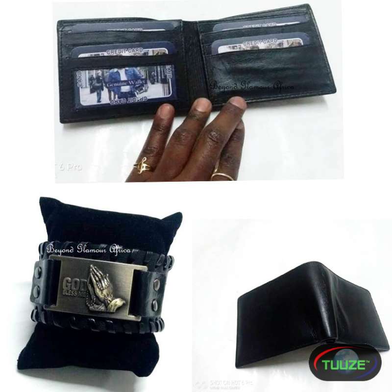 Mens Black Leather wallet with bracelet