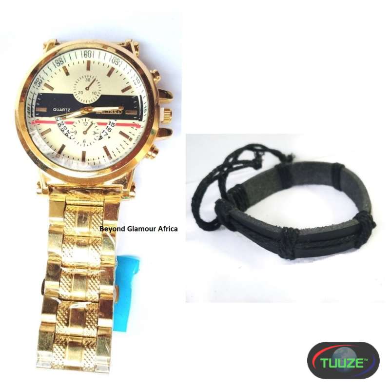 Mens Golden watch and leather bracelet