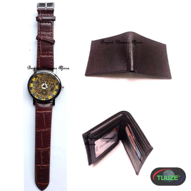 Mens Maroon Leather skeleton watch with wallet