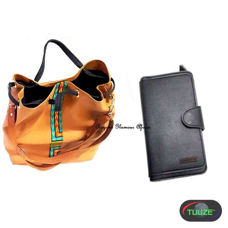 Womens Beige ankara handbag leather and wallet