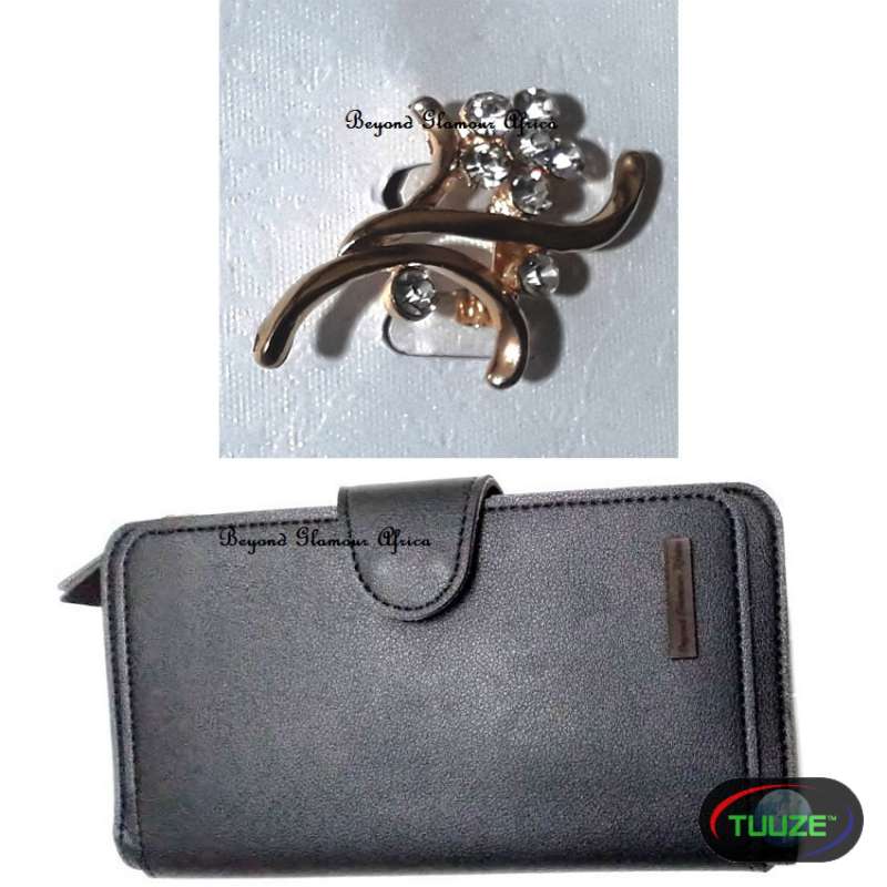 Womens Black Leather wallet and a brooch