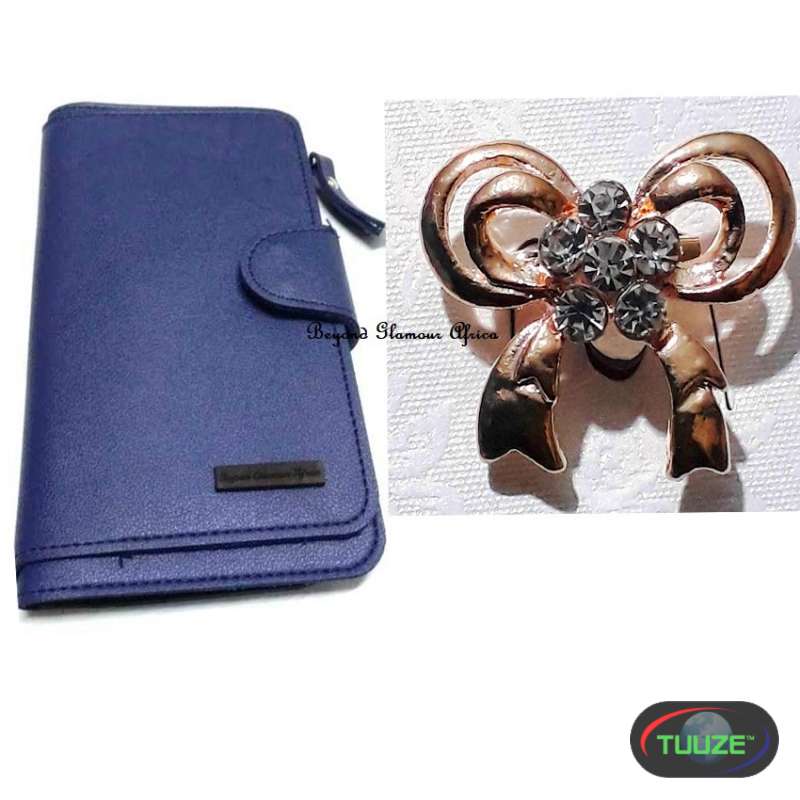 Womens Blue Leather wallet with brooch combo