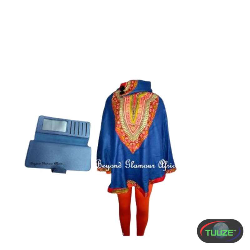 Womens Blue dashiki poncho with leather wallet
