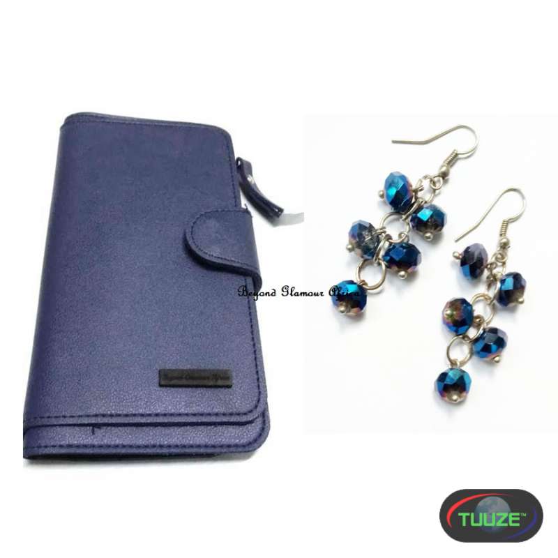 Womens Blue leather wallet with earrings