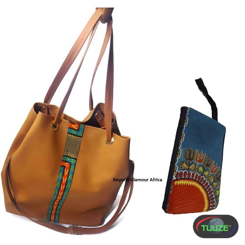 Womens Brown Leather Handbag with ankara pouch 