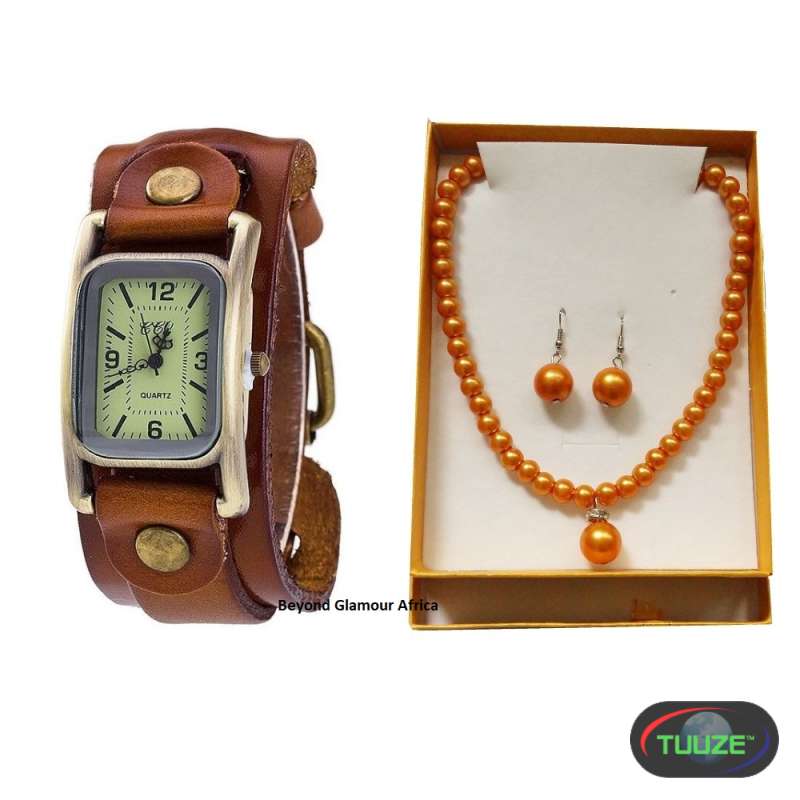 Womens Brown leather watch and pearl jewelry set