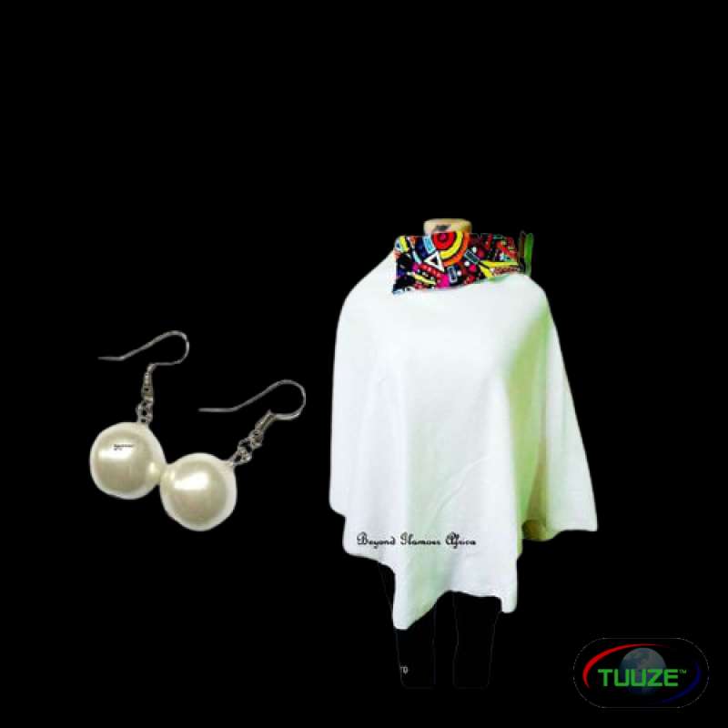 Womens Cream Ankara Poncho with pearl earrings