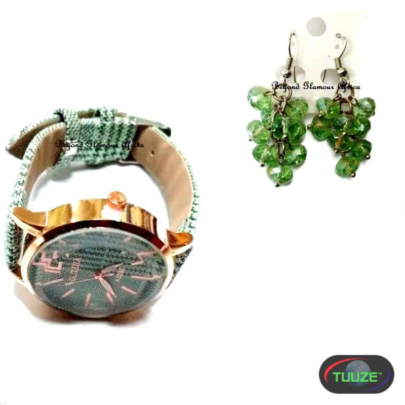 Womens Green watch with crystal earrings