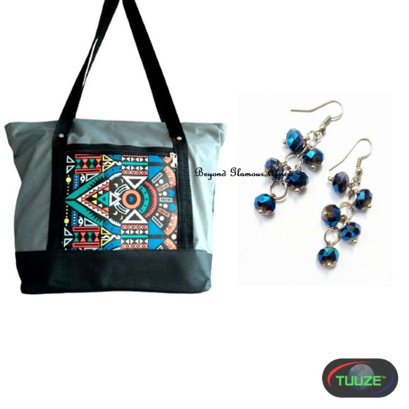 Womens Grey Ankara canvas Handbag with earrings