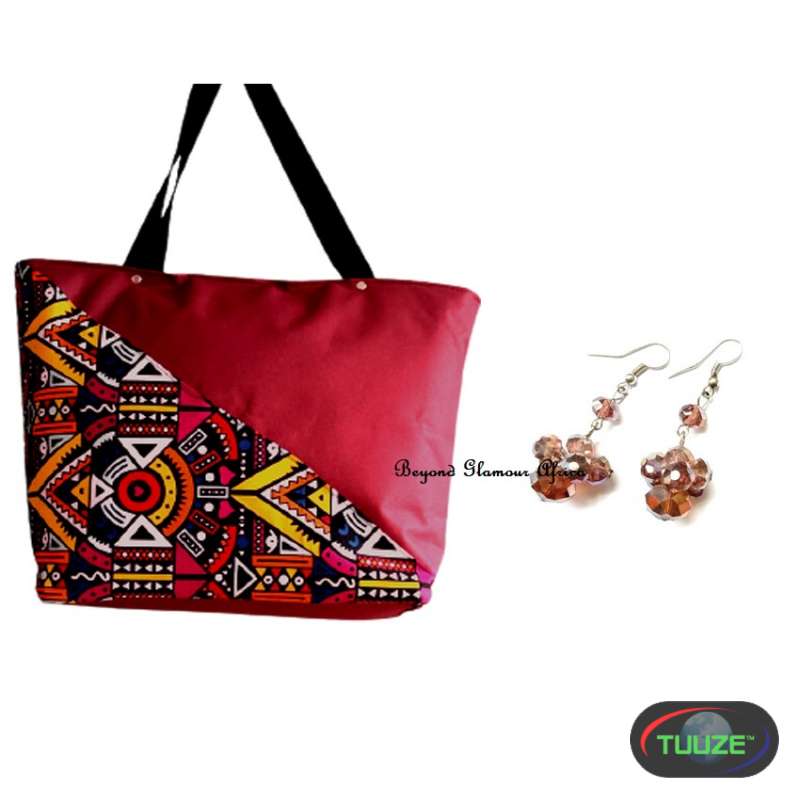 Womens Maroon Canvas ankara bag with earrings