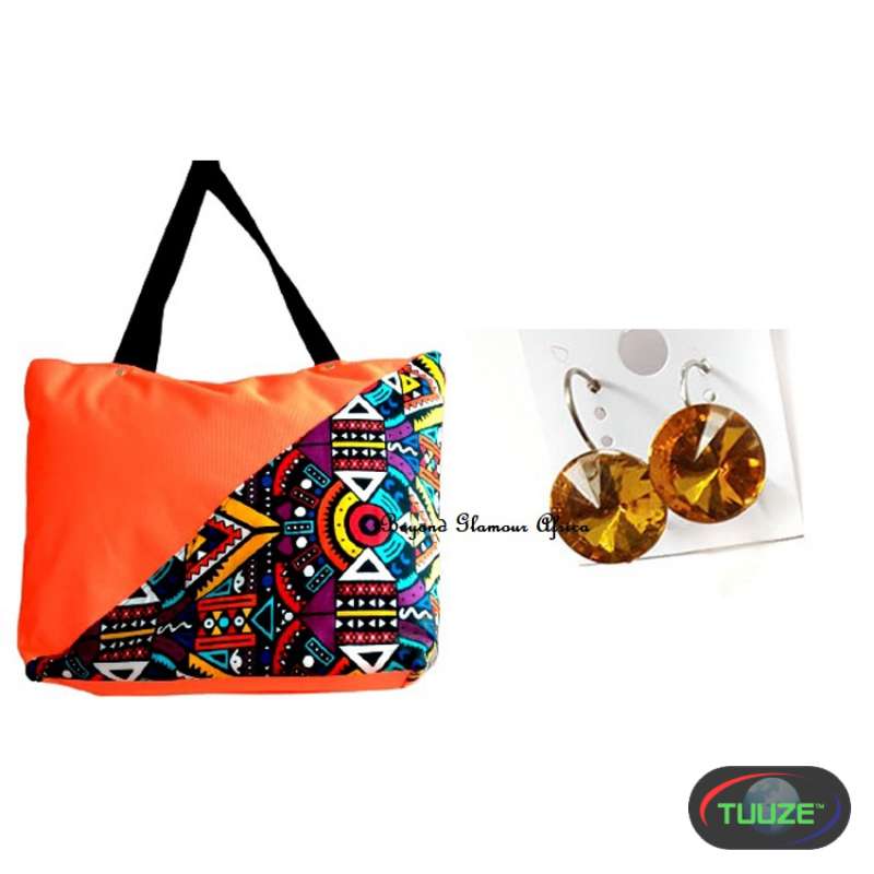 Womens Orange canvas ankara bag with earrings