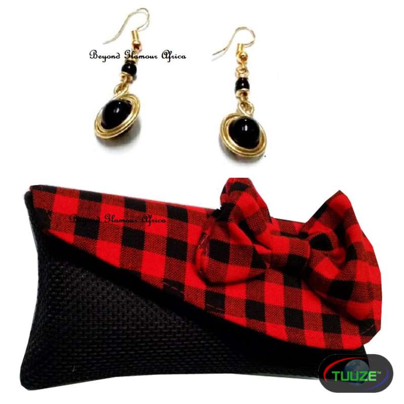 Womens Red Black Maasai clutch bag with earrings