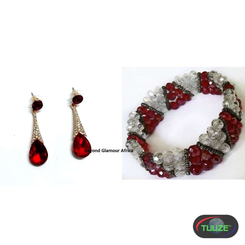 Womens Red Crystal Bracelet and earrings combo