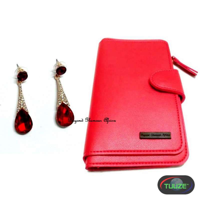 Womens Red Leather wallet with crystal earrings
