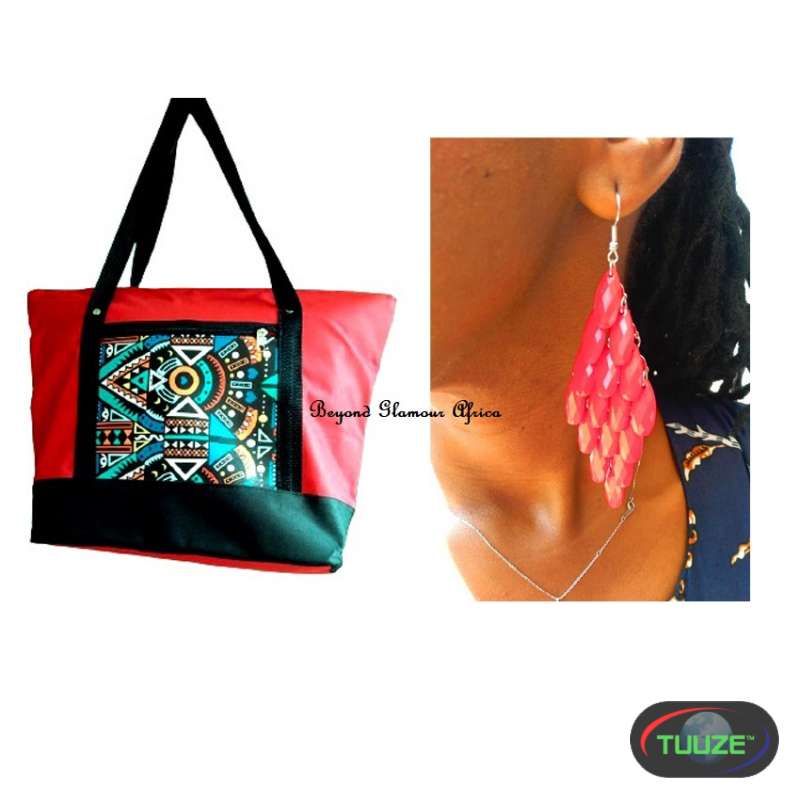 Womens Red canvas ankara handbag with earrings