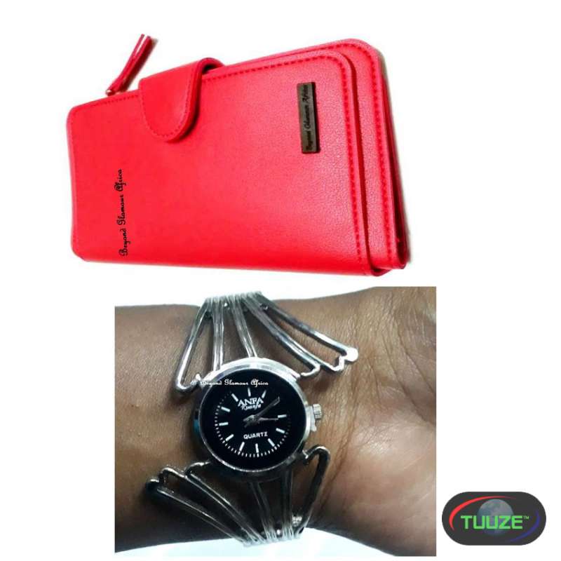 Womens Silver watch with red leather wallet